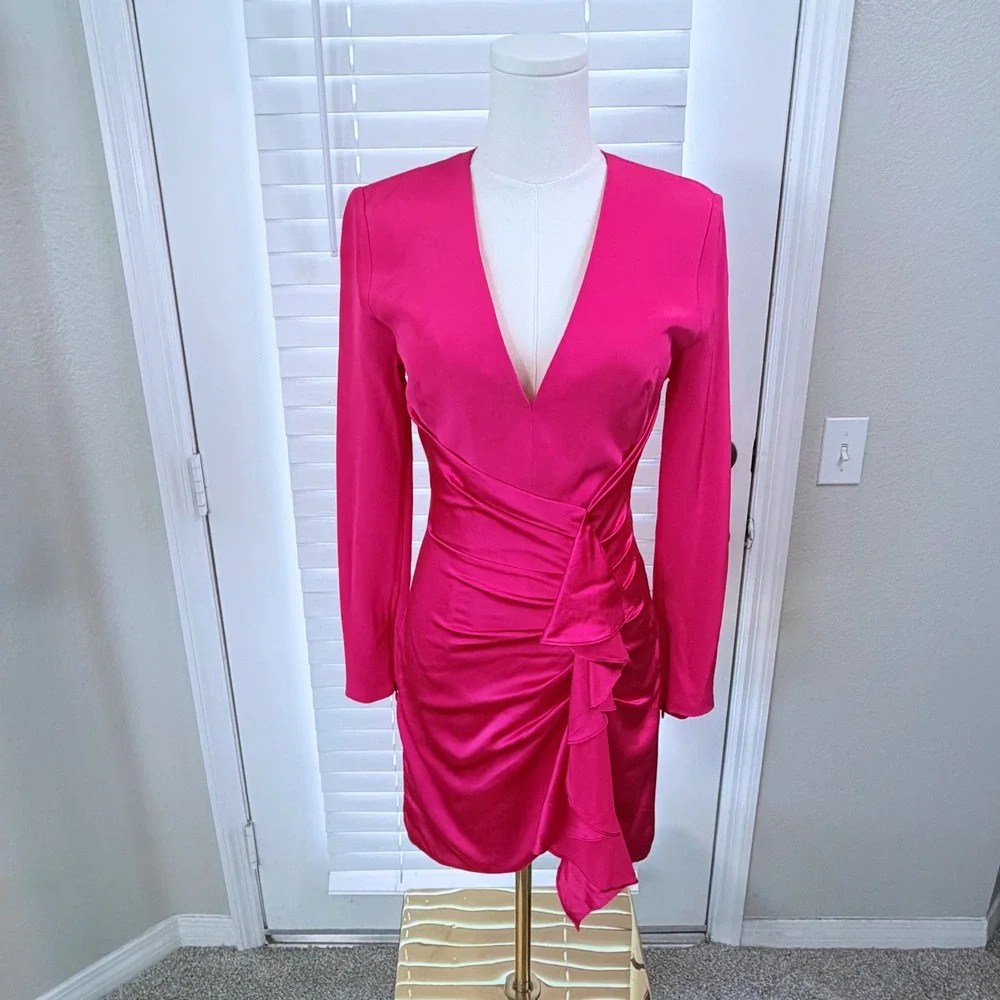 HANEY Lilly 100% Silk Mini Dress Hot Pink Draped Ruffle V-Neck Cocktail Size 0